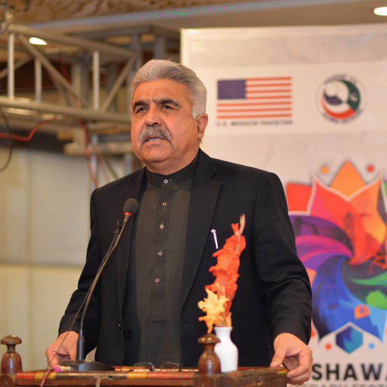 Guest speaker addressing the audience at the Peshawar Literary Festival